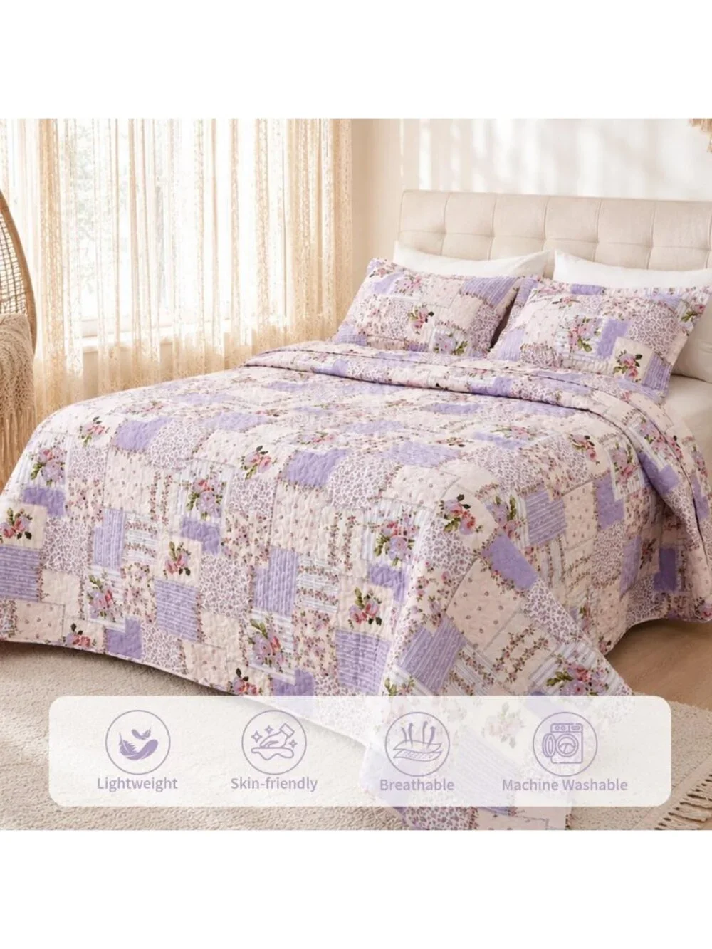 Boho Floral Patchwork Quilt Set Queen - Lightweight Microfiber Bedspread & 2